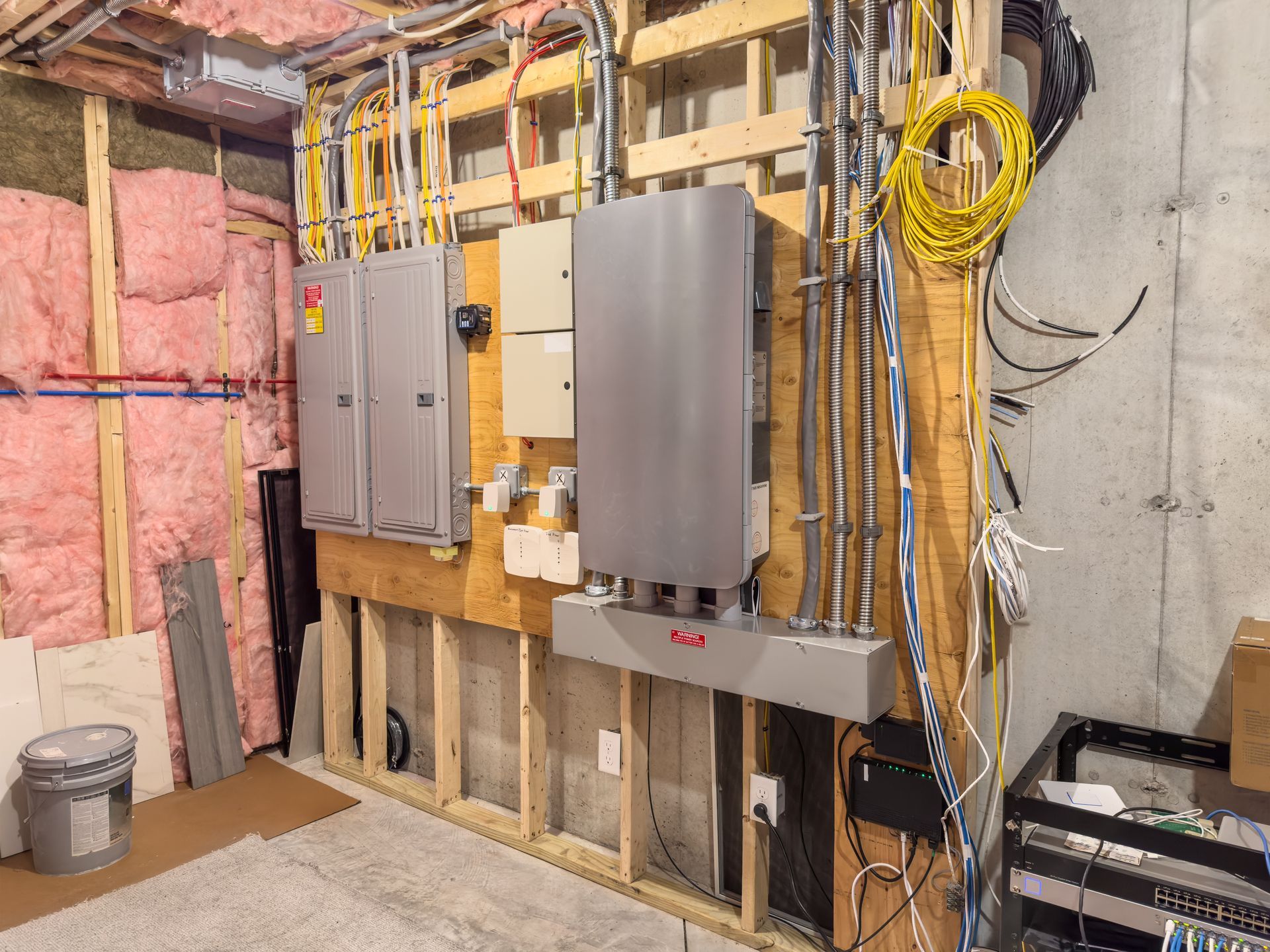 Electrical panel installation in a unfinished basement wall with exposed wiring and conduit Electrical panel installation in a unfinished basement wall with exposed wiring and conduit