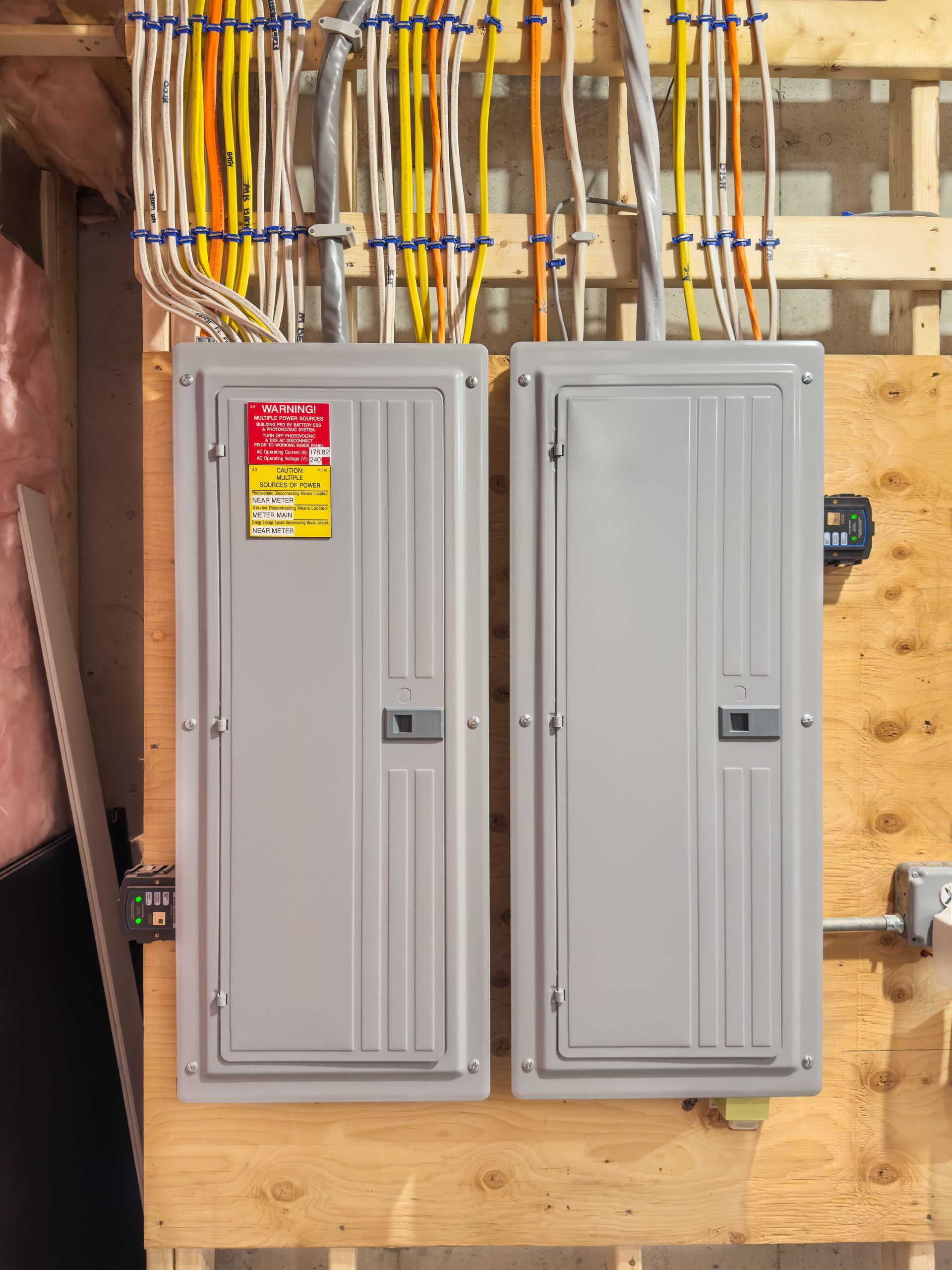 Two gray electrical breaker panels mounted on plywood with exposed wiring above them