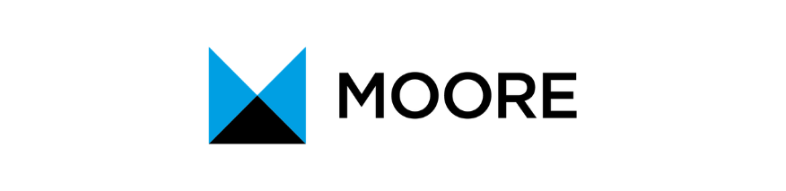 MOORE logo with a blue and black geometric icon on a white background