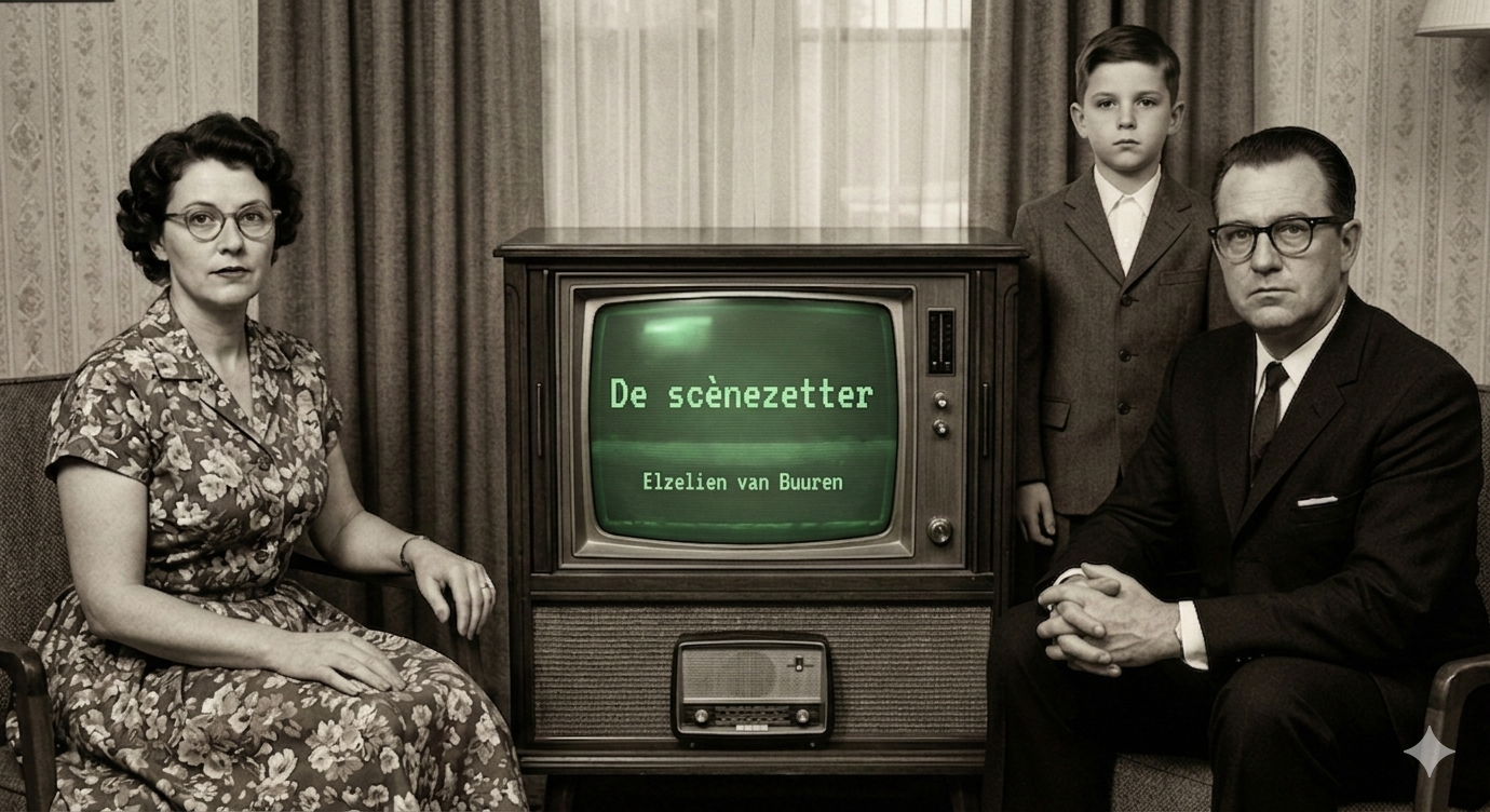 Sepia familieportret naast een vintage tv met Duitse tekst, met een man, een vrouw en een kind erachter.