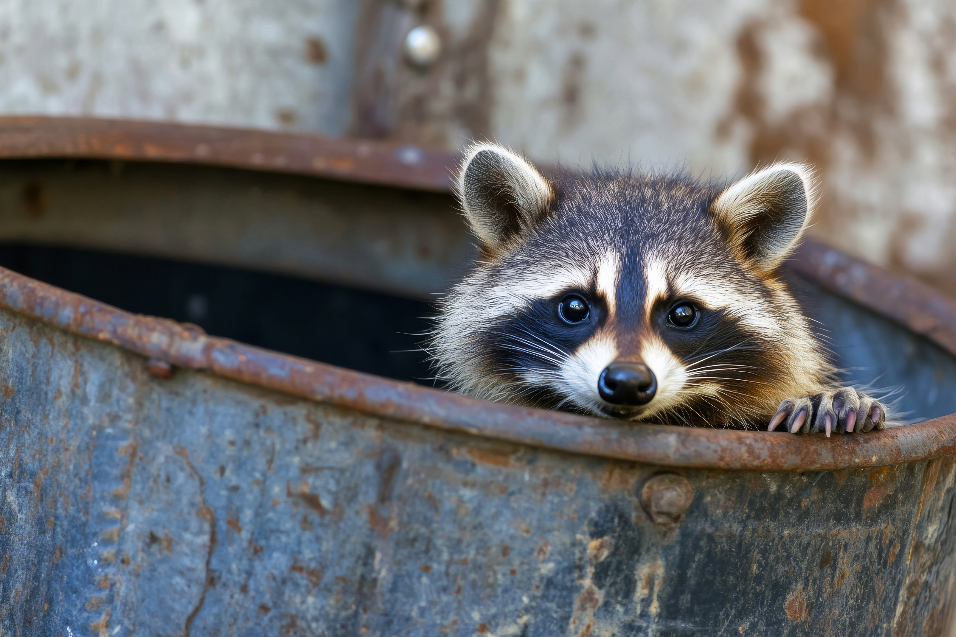 A raccoon is sticking its head out of a trash can.