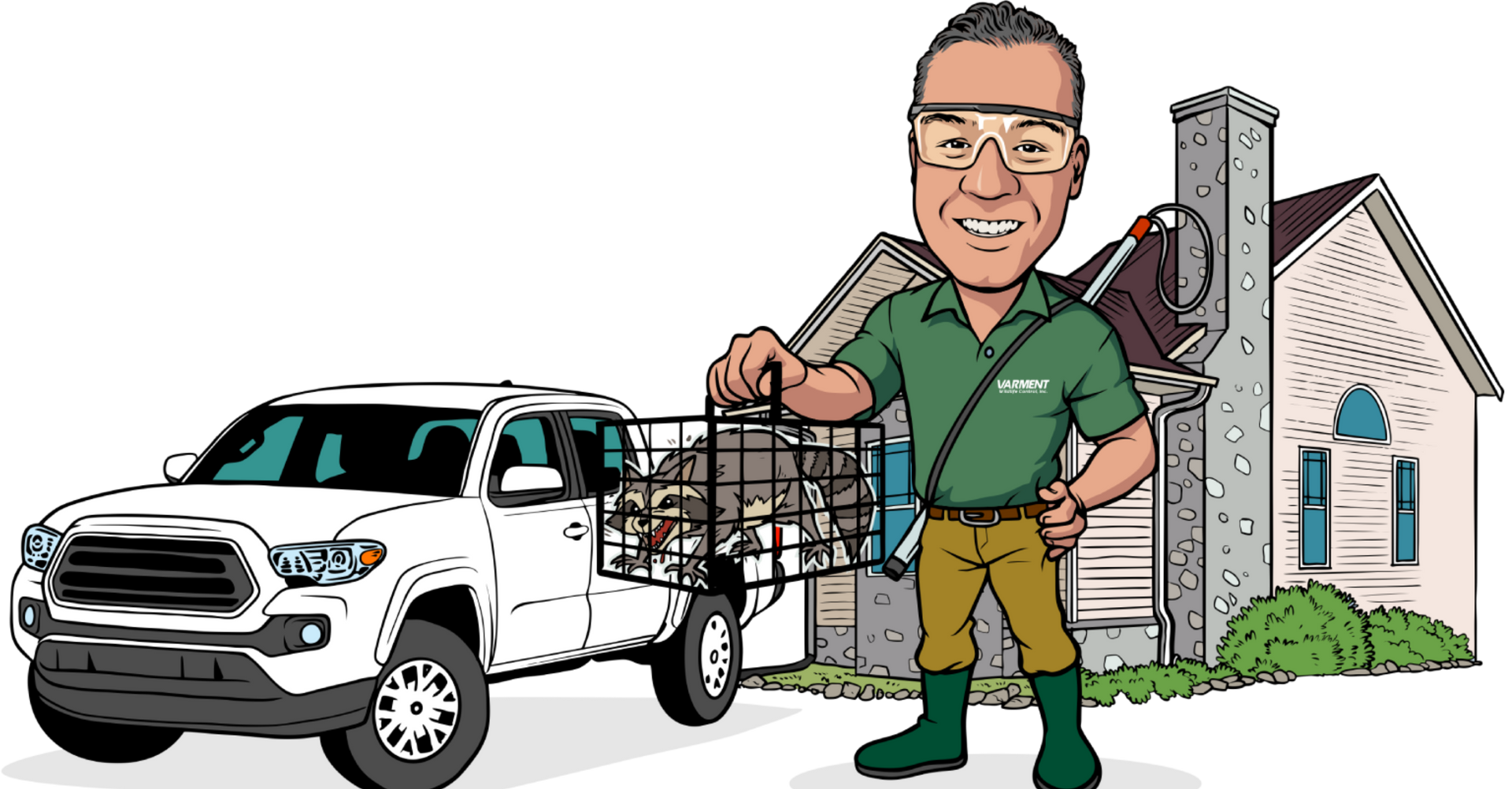 A cartoon of a man holding a basket next to a truck.