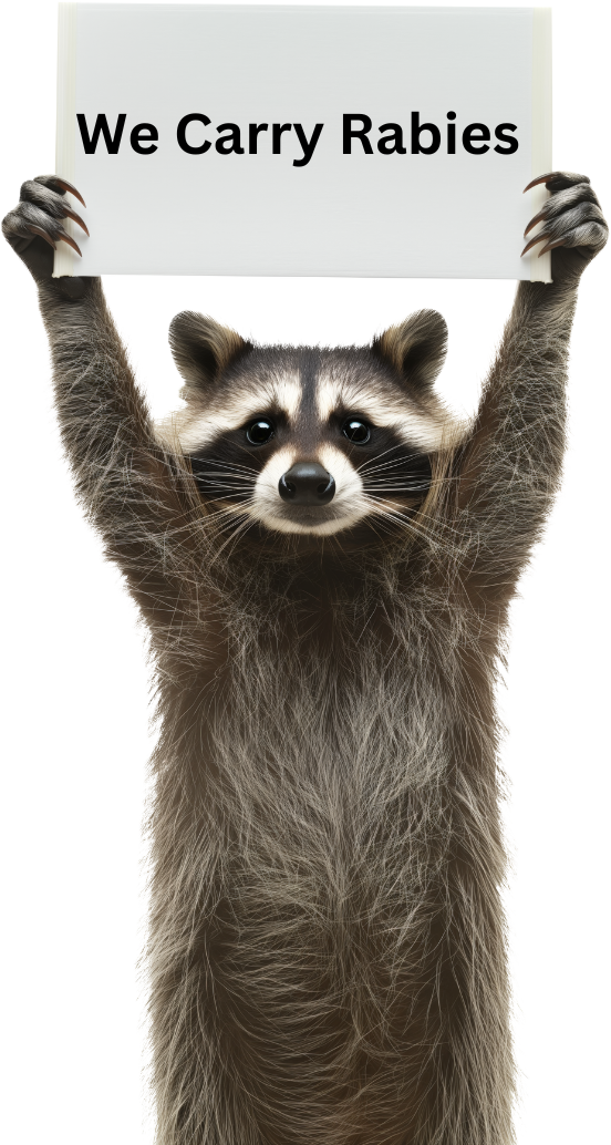 A raccoon is holding a sign that says we carry rabies