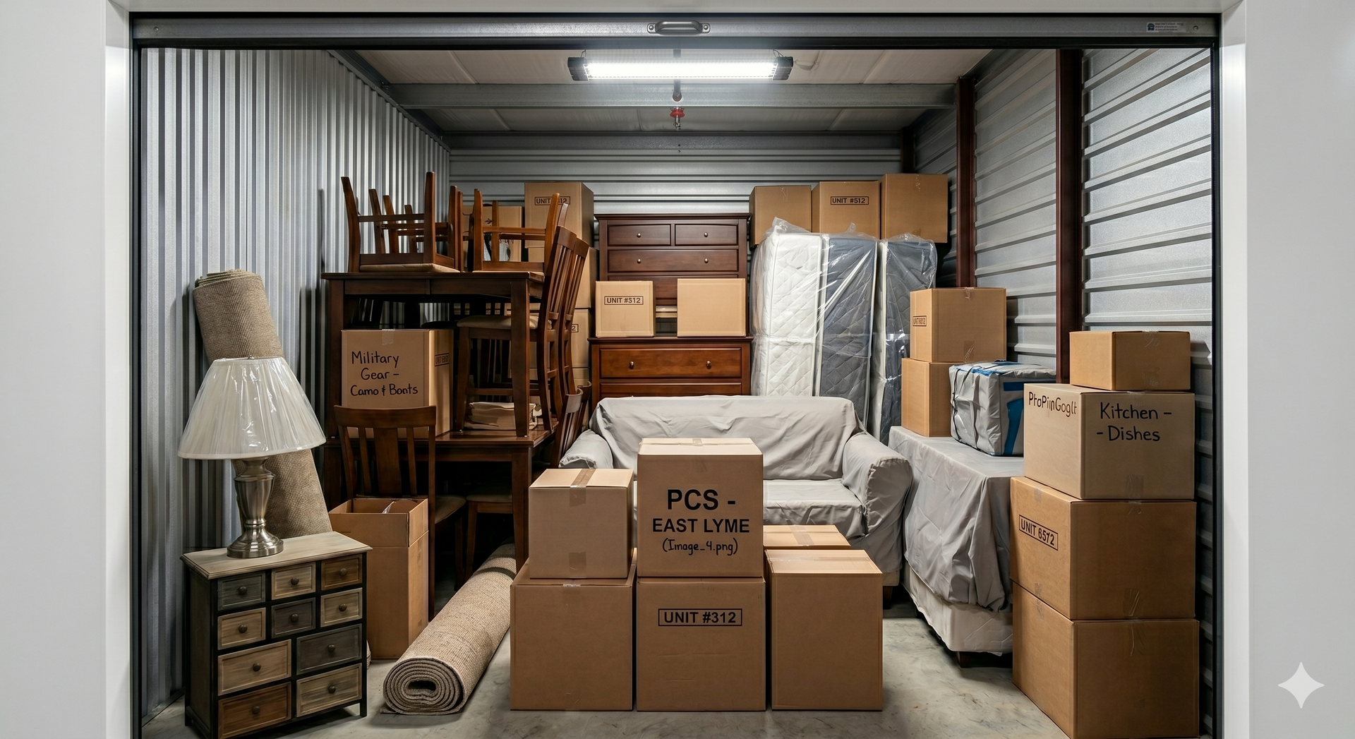 Storage unit with furniture and belongings.