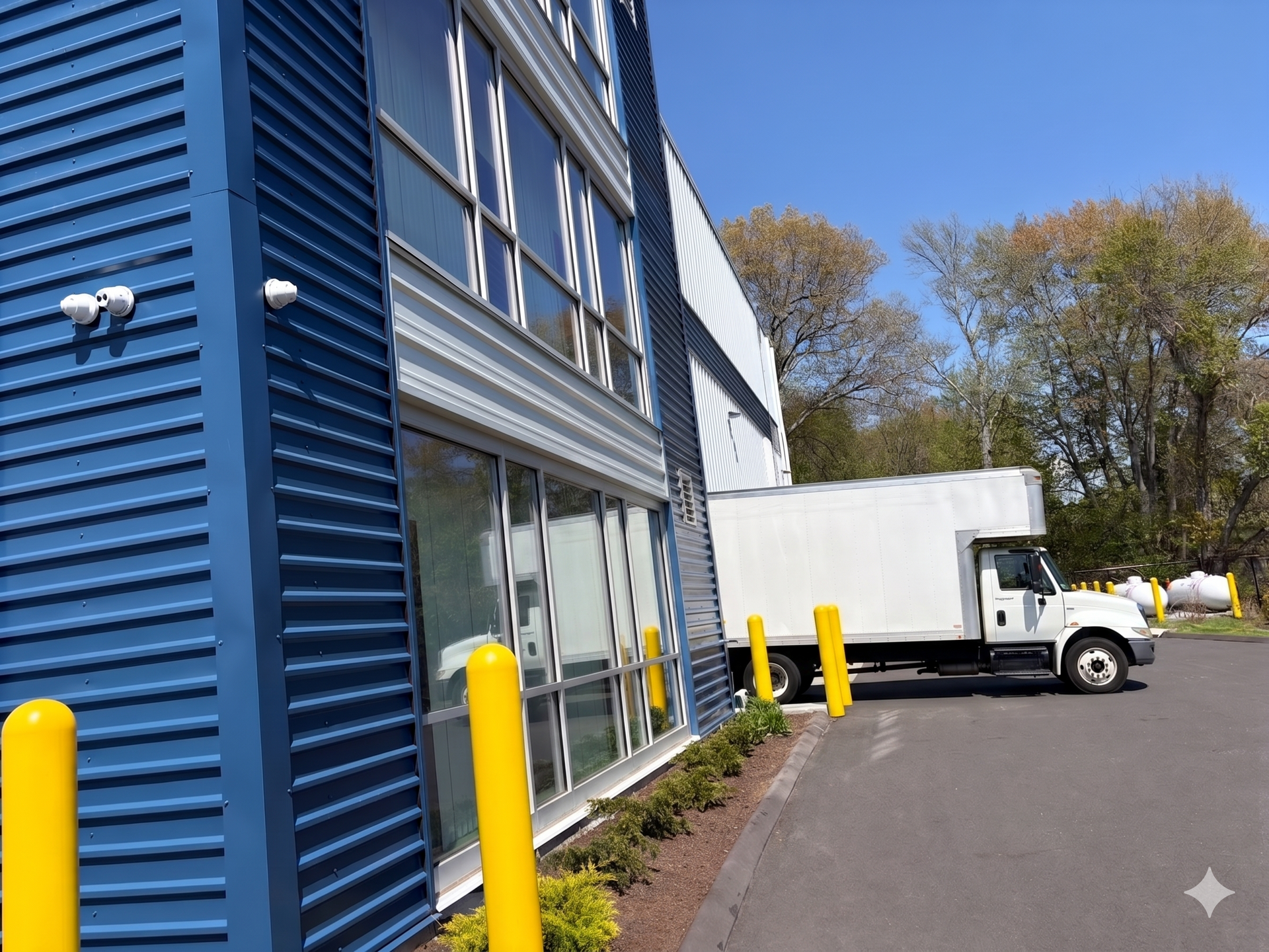 Moving truck unloading boxes and furniture into the building.