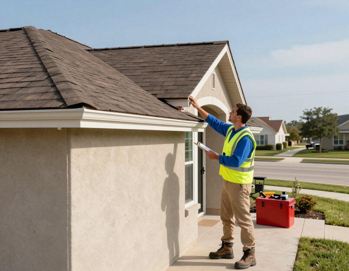 Contractor inspecting exterior siding and roofline