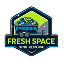 Logo for Fresh Space Junk Removal featuring a blue trailer filled with junk, set against a green and dark blue hexagon.