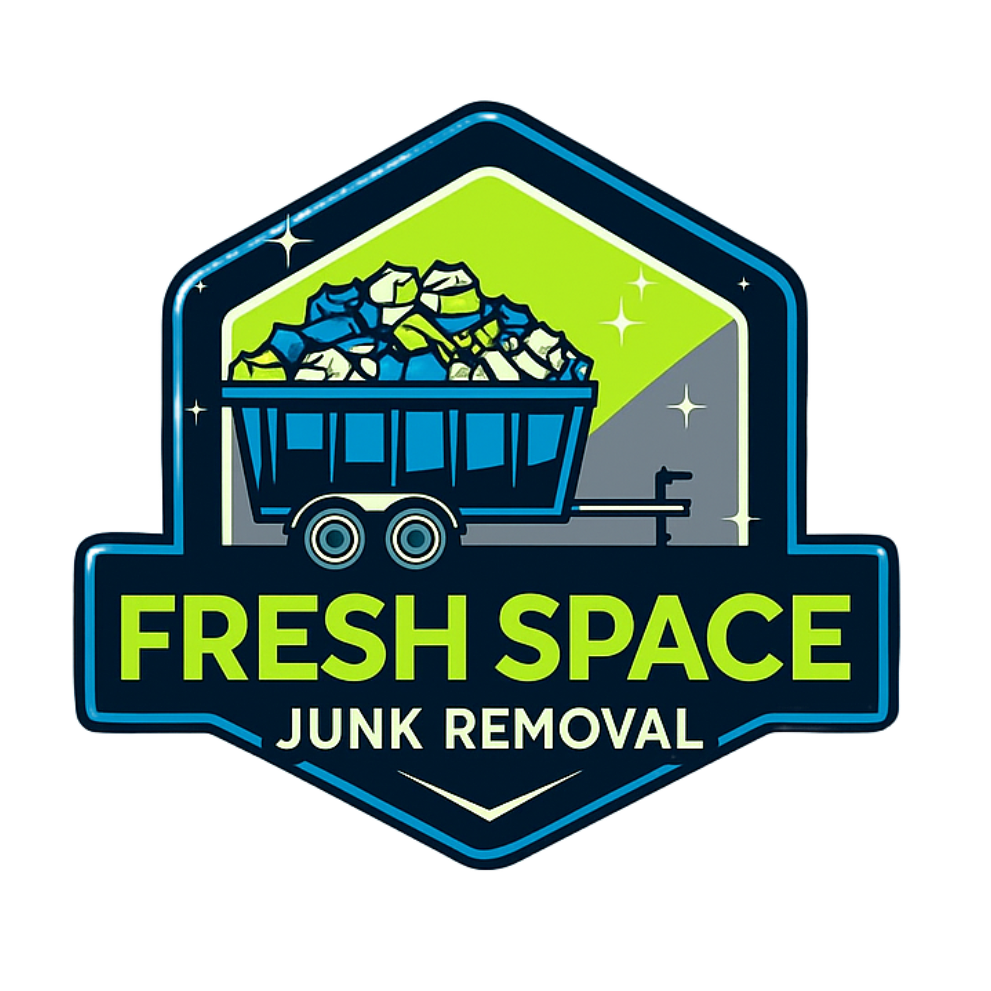 Logo for Fresh Space Junk Removal featuring a blue trailer filled with junk, set against a green and dark blue hexagon.