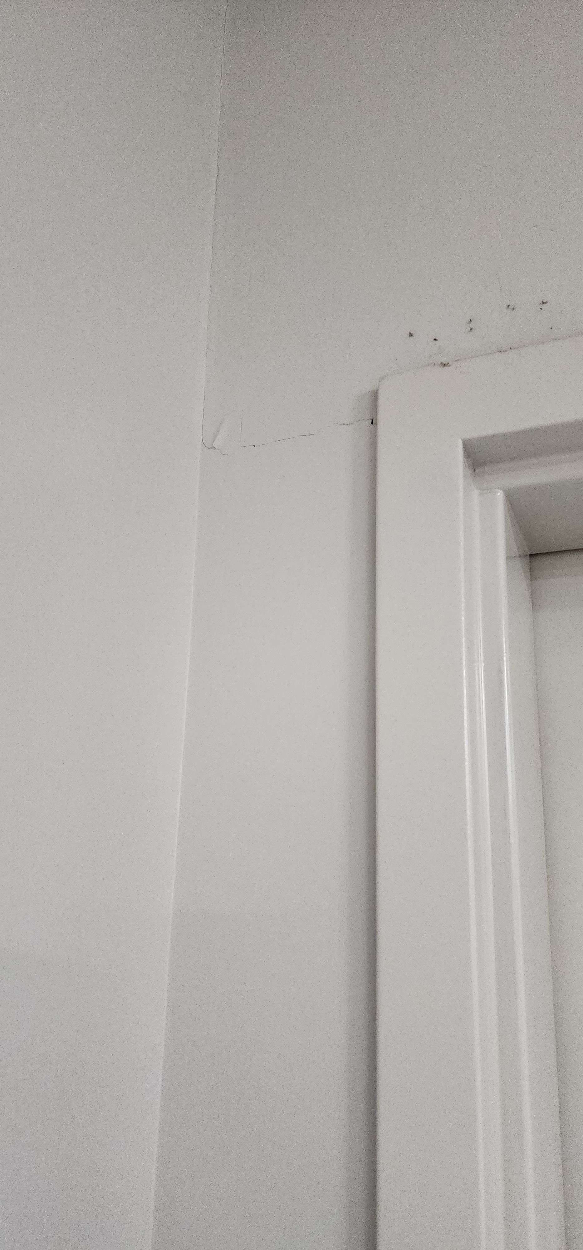 White walls and door frame; speckled ceiling.