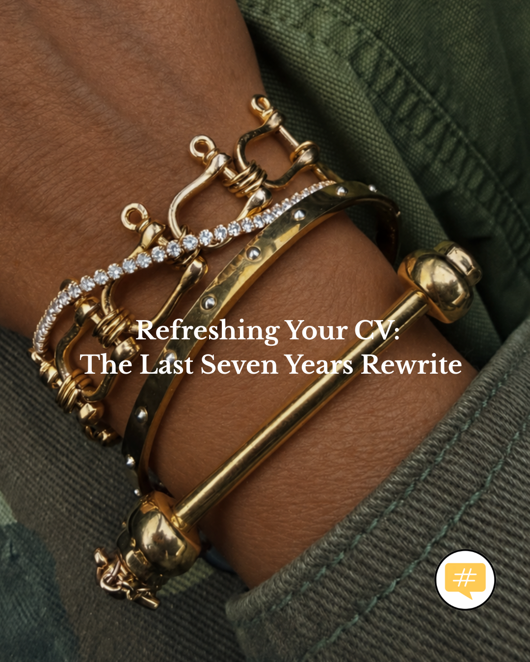 Experienced professional wearing gold bracelets while reviewing a modern CV and career portfolio.