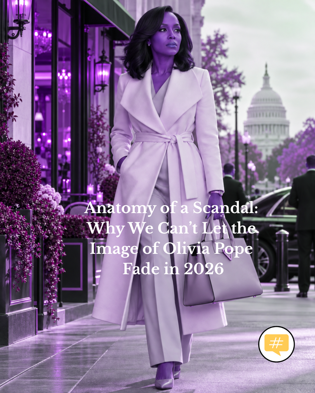 Woman in a cream coat inspired by Olivia Pope’s power dressing style.