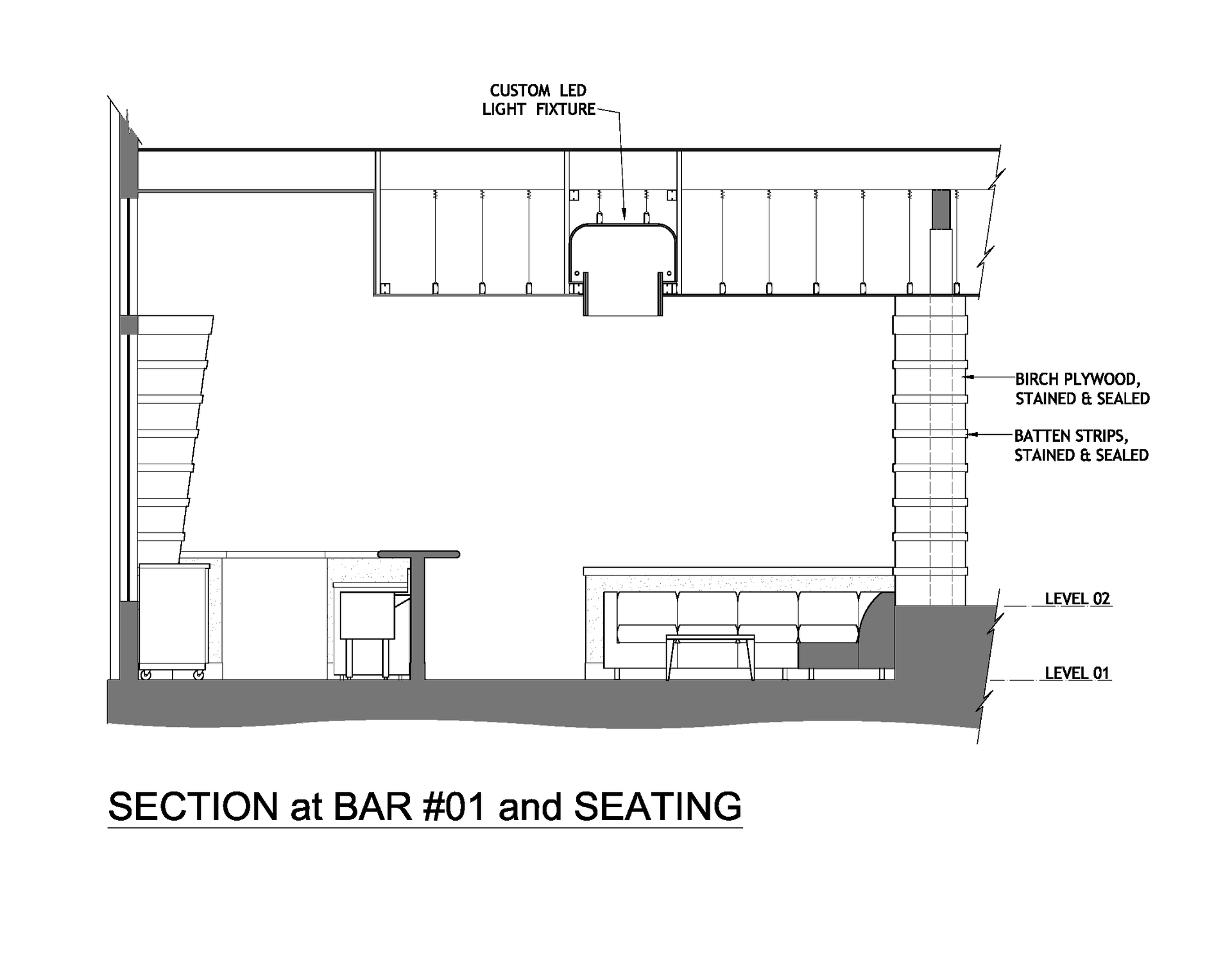 A black and white drawing of a section at bar # 01 and seating