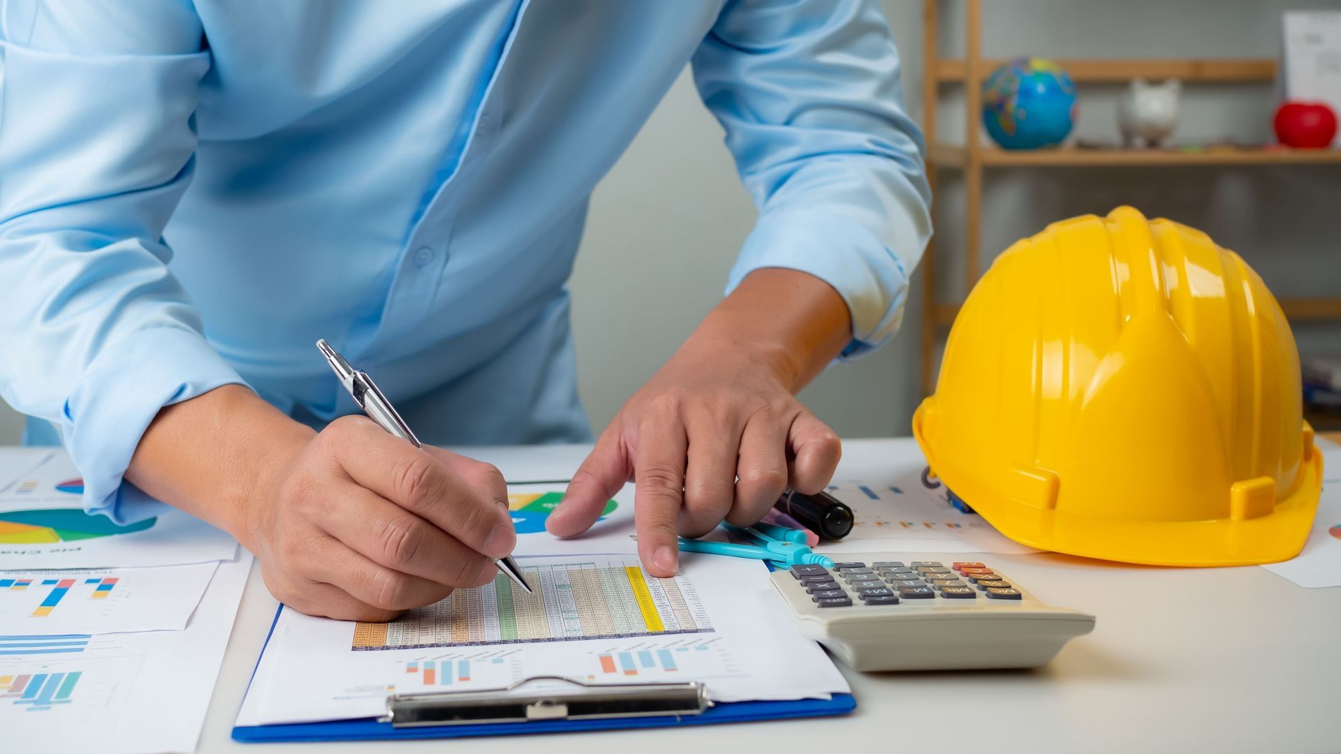 A man is writing on a clipboard next to a hard hat and a calculator.