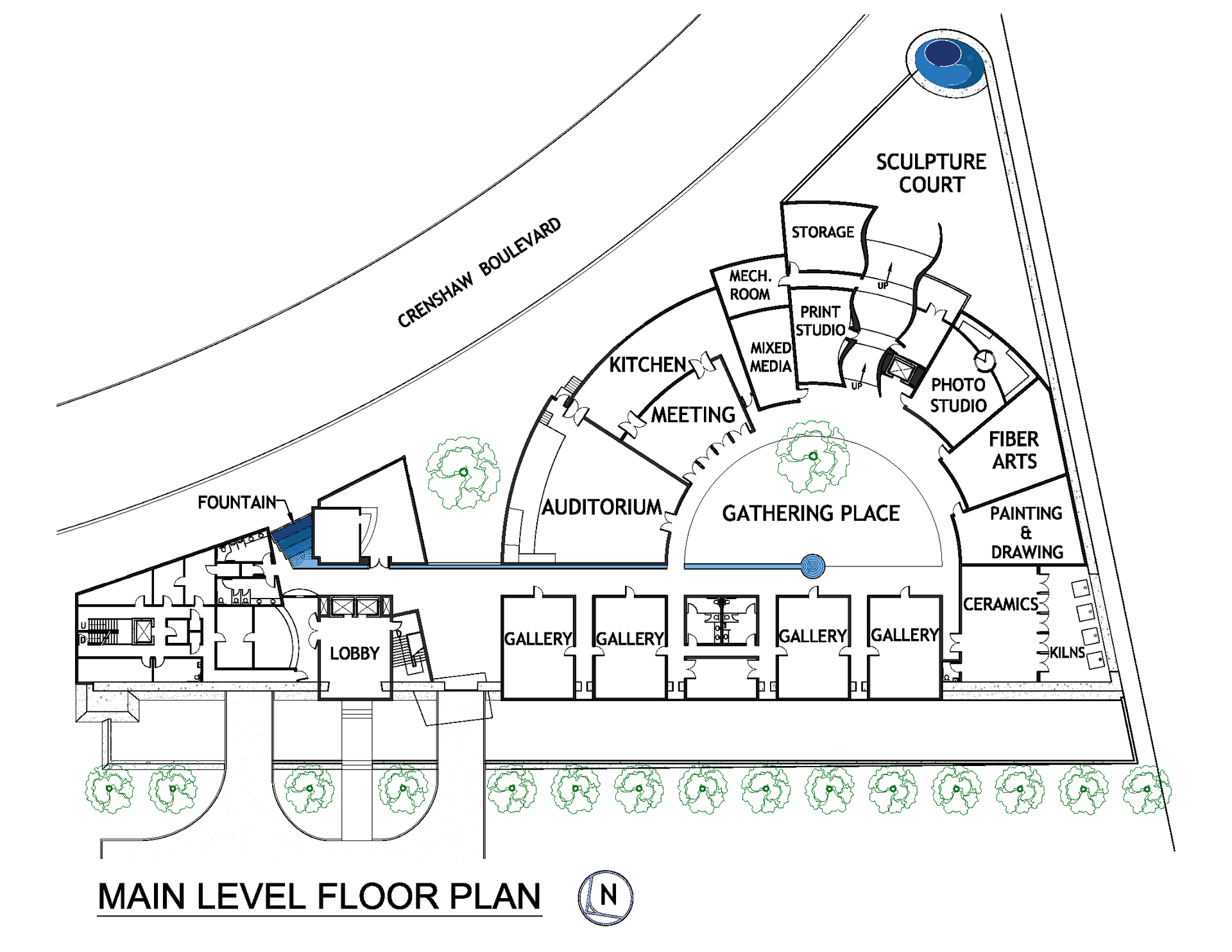 A black and white drawing of a main level floor plan