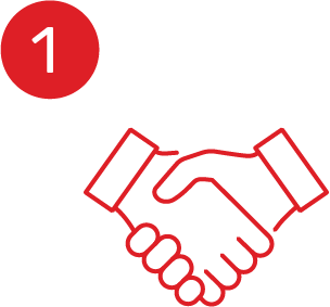 A line drawing of a handshake with a red circle with the number 1 on it.
