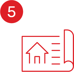 A red icon of a house and a red circle with the number 5 on it.