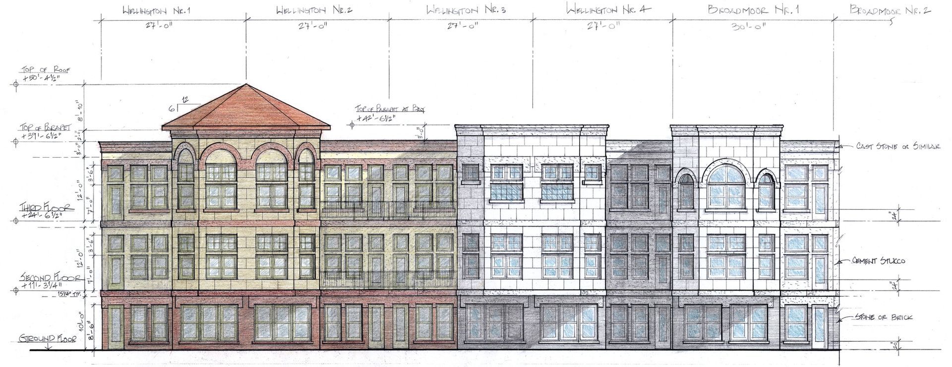 A drawing of a building with a red roof