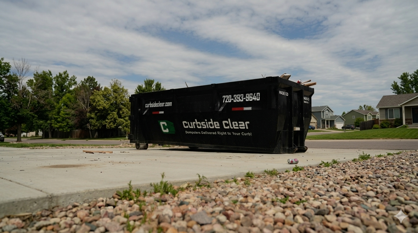 Black dumpster with white lettering on a driveway, trees and houses in the background.