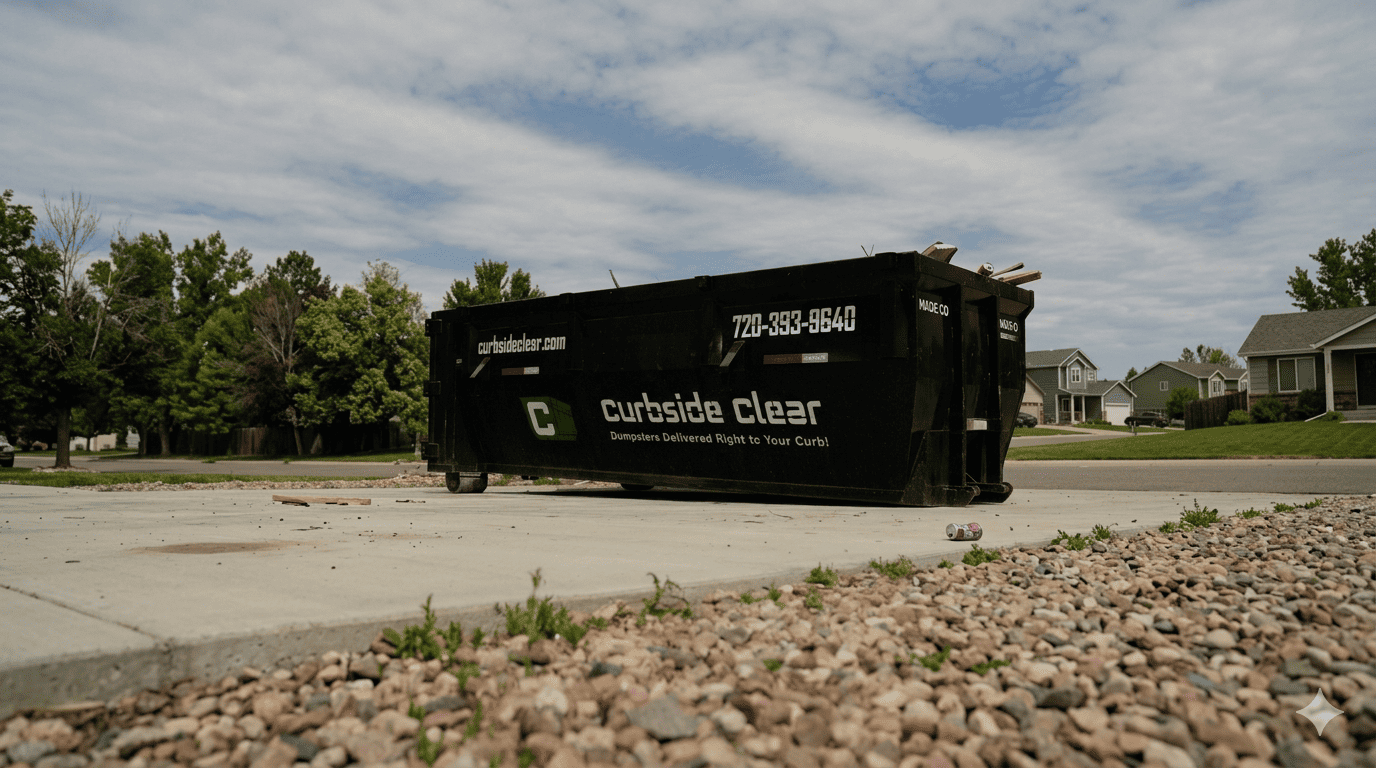 Curbside Clear roll-off dumpster placed at a job site for construction and debris removal