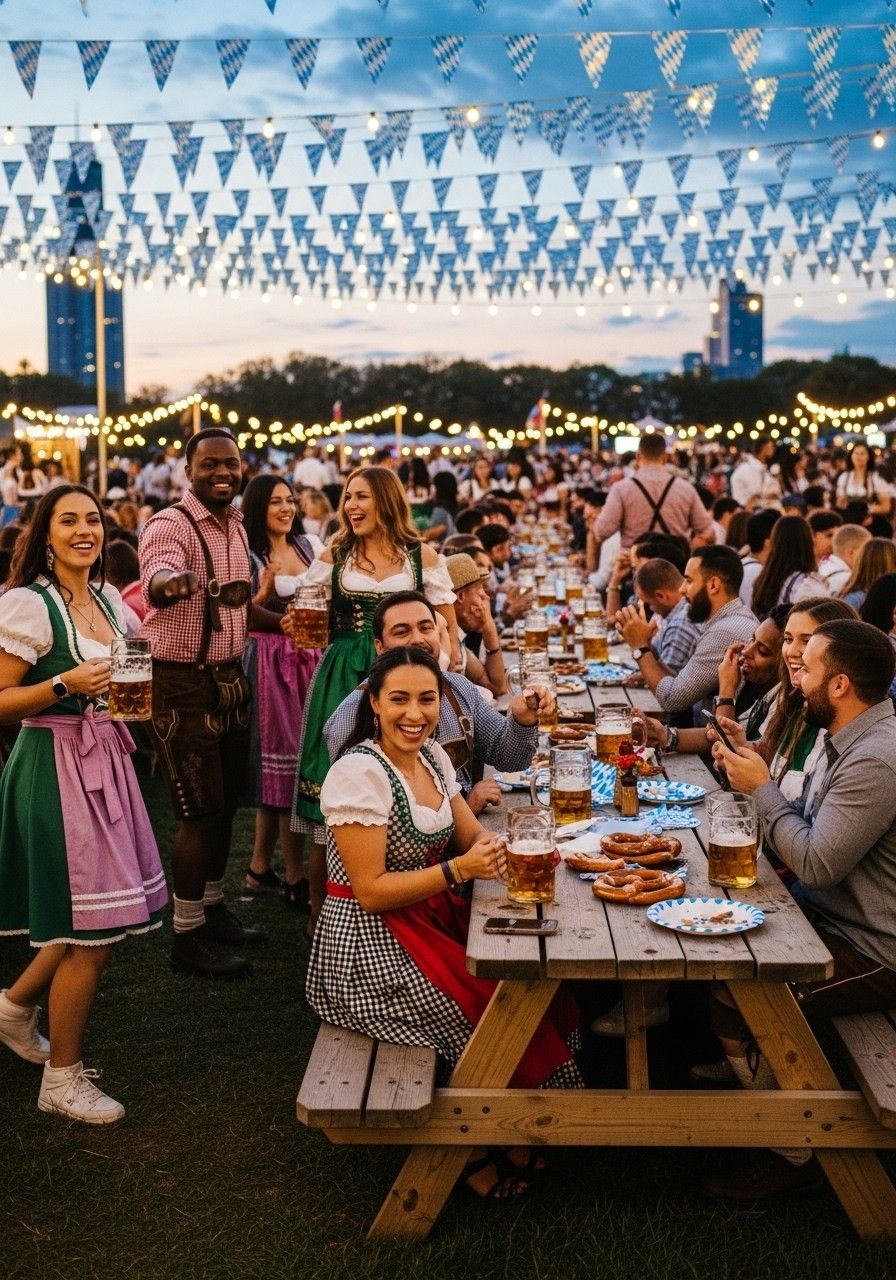 Outdoor beer garden with long communal tables, string lights, and blue-and-white pennant flags at dusk