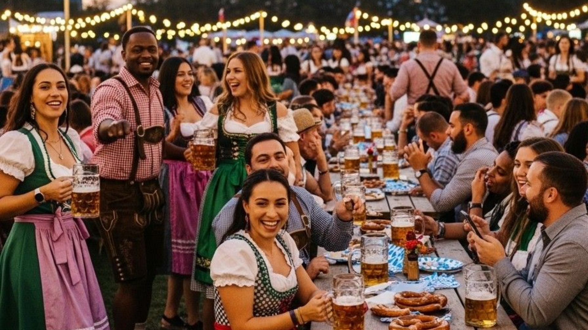 Crowded outdoor dinner party at long tables under string lights, with guests chatting and smiling.