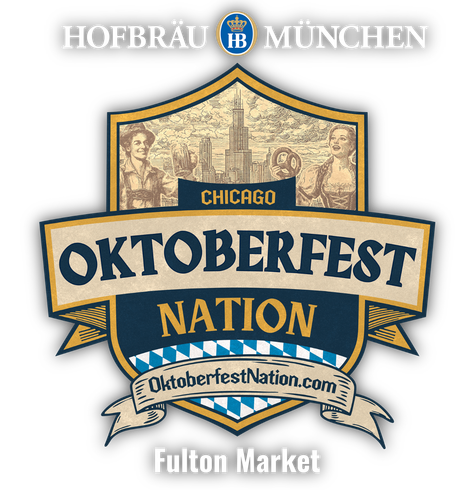 Chicago Oktoberfest Nation logo with Hofbräu München, blue and gold banner, Fulton Market text