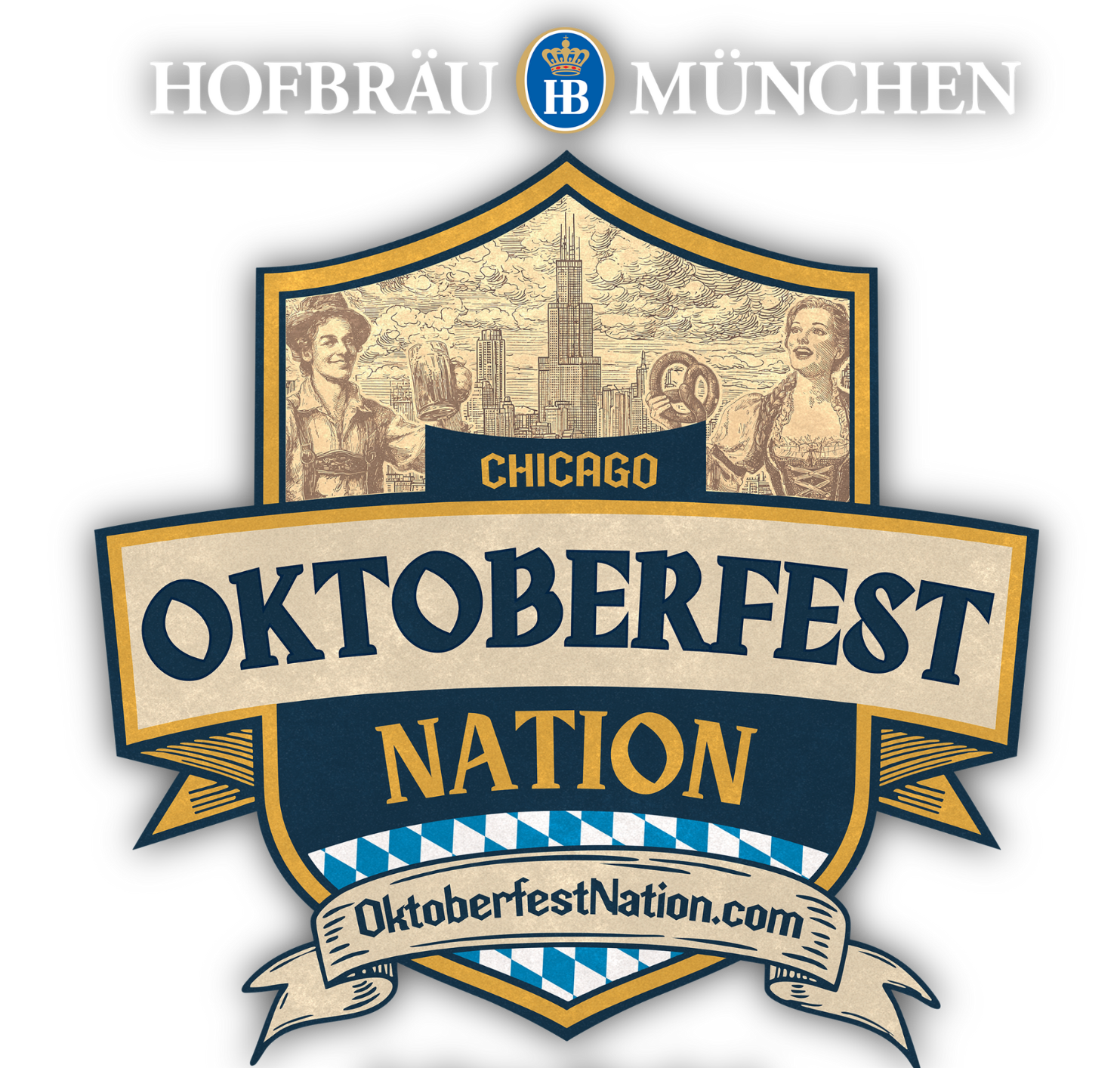Chicago Oktoberfest Nation logo with Hofbräu München crest and tan-blue ribbon banner