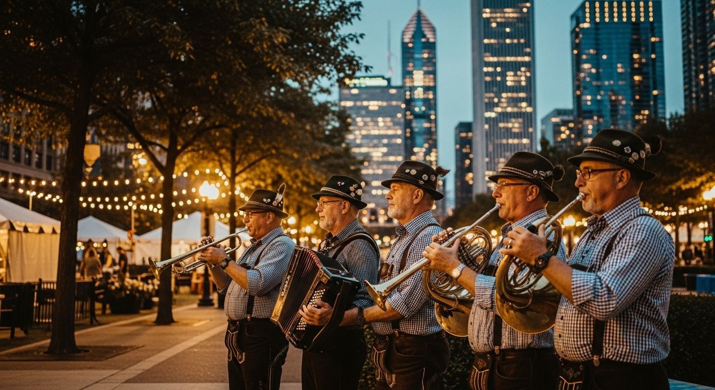 Brass band in checkered shirts and hats performing outdoors at dusk with city skyline lights behind them