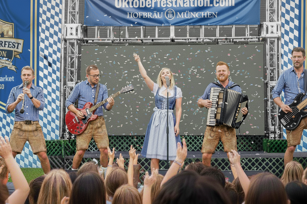 Band performing on an Oktoberfest stage, singer raising a hand while audience cheers in front.