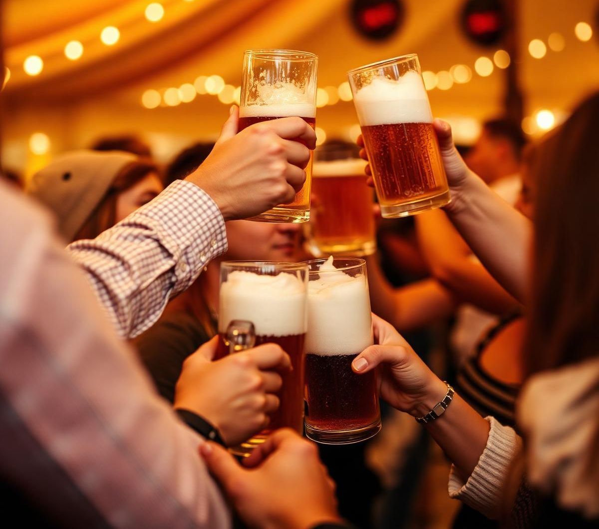 People clinking beer glasses in a warm, festive bar setting