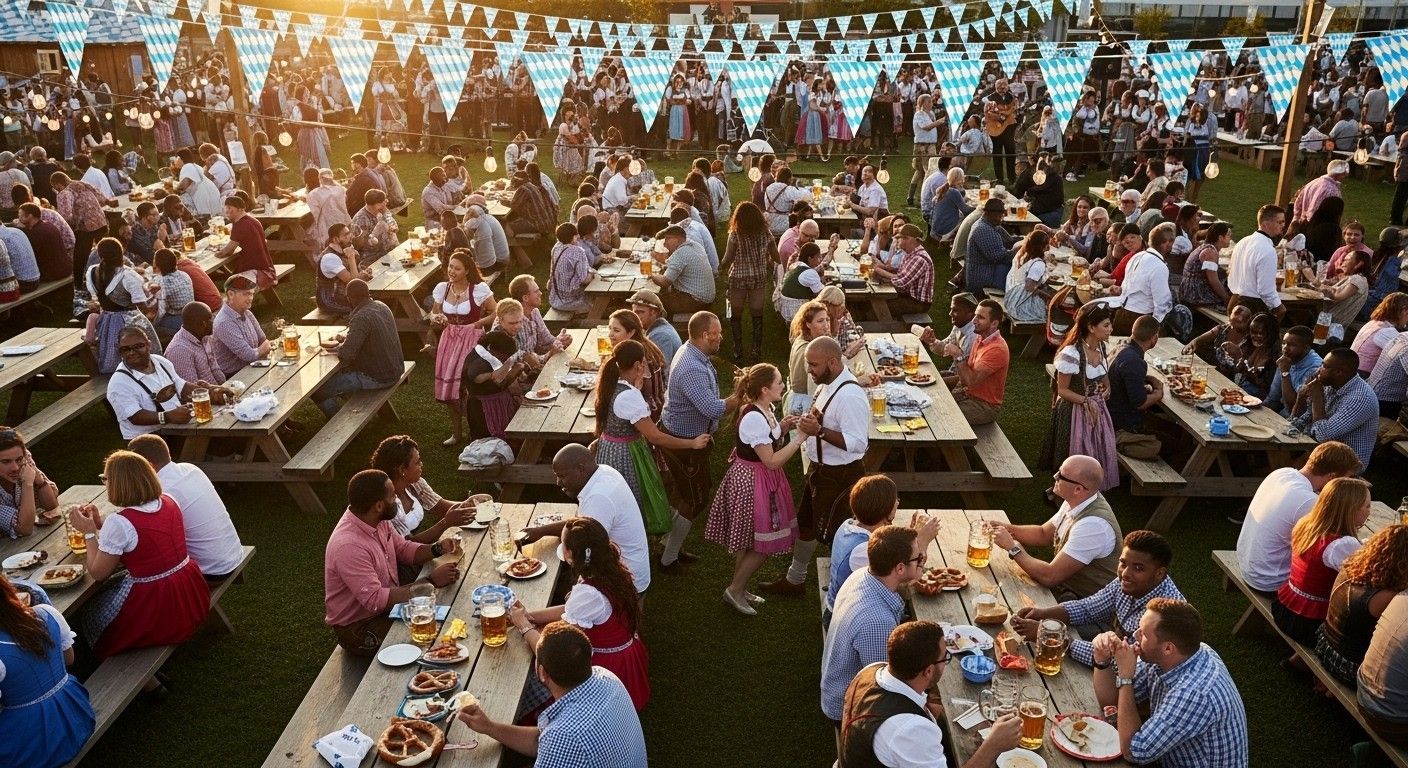 Crowded outdoor picnic with long wooden tables full of people eating and talking at sunset