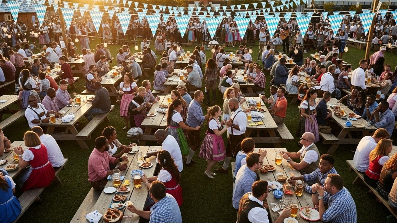 Crowded outdoor festival dinner with long tables, string lights, and people eating and socializing at dusk