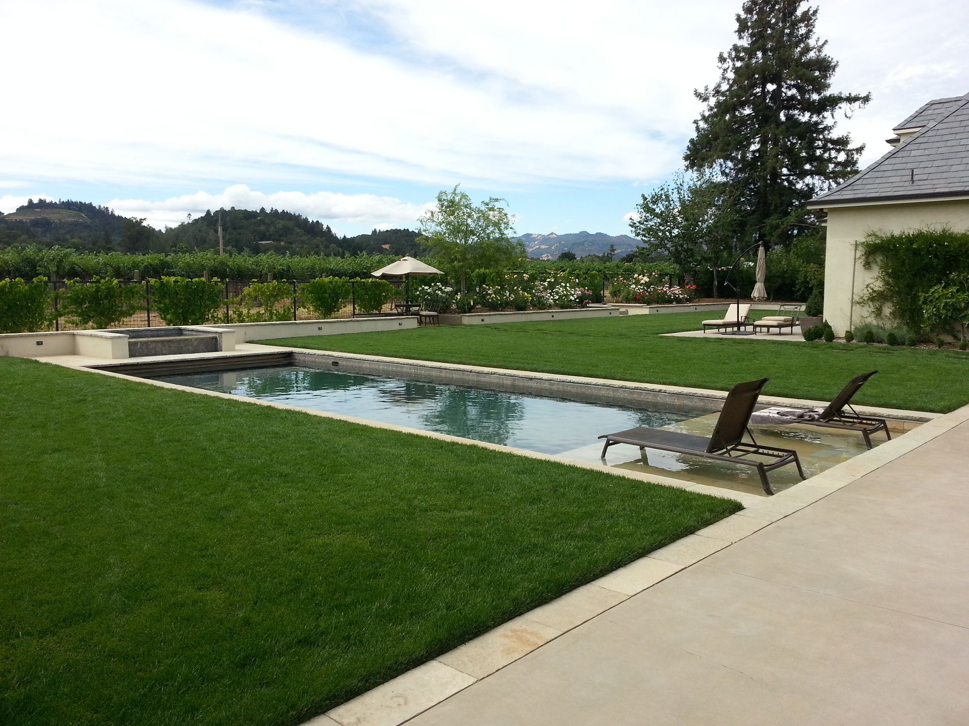 Backyard pool with lounge chairs, green lawn, and a stone patio beside a house