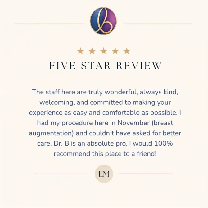 Five-star review with a purple-gold logo and testimonial praising Dr. B and staff