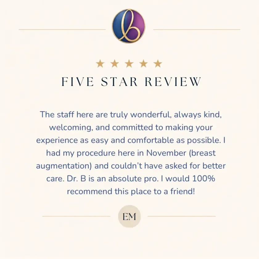 Five star review with blue and gold logo and testimonial praising Dr. B and staff
