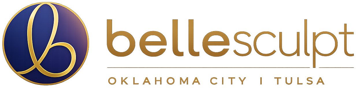 BelleSculpt Oklahoma City logo with gold-and-blue emblem and navy text