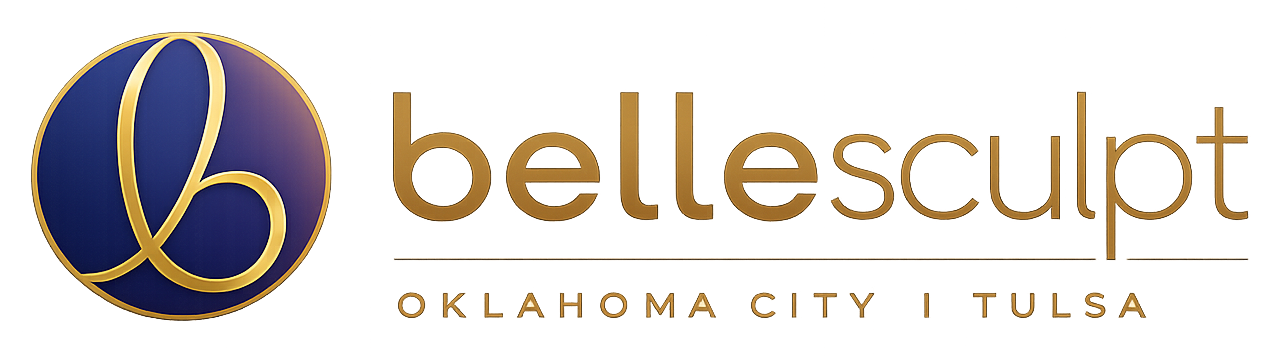 Bellesculpt logo with gold stylized “b” in a blue circle and navy-gray wordmark