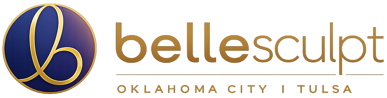 Bellesculpt Oklahoma City Tulsa logo with gold circular monogram and navy text