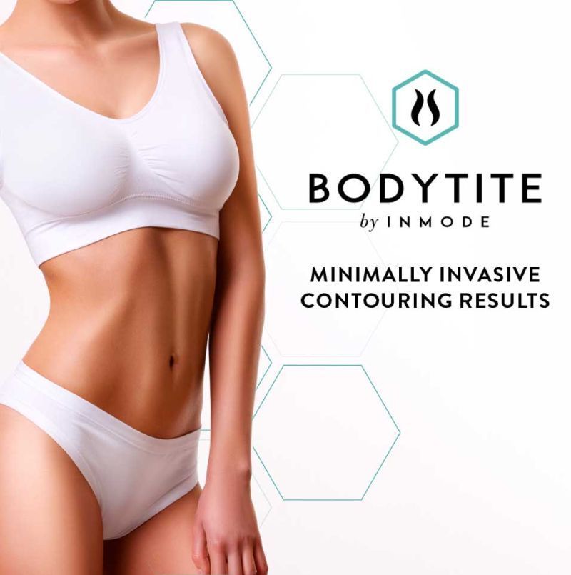 Model in white lingerie beside “BODYTITE by INMODE” text promoting minimally invasive contouring results