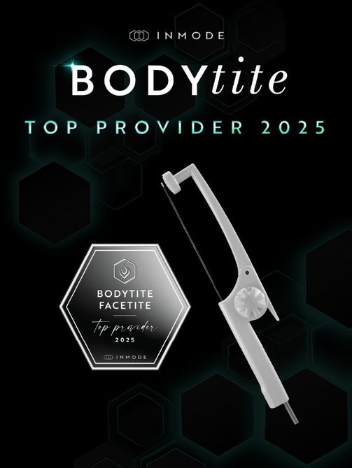 BODYtite Top Provider 2025 award graphic with hexagon badge and surgical device on a black background