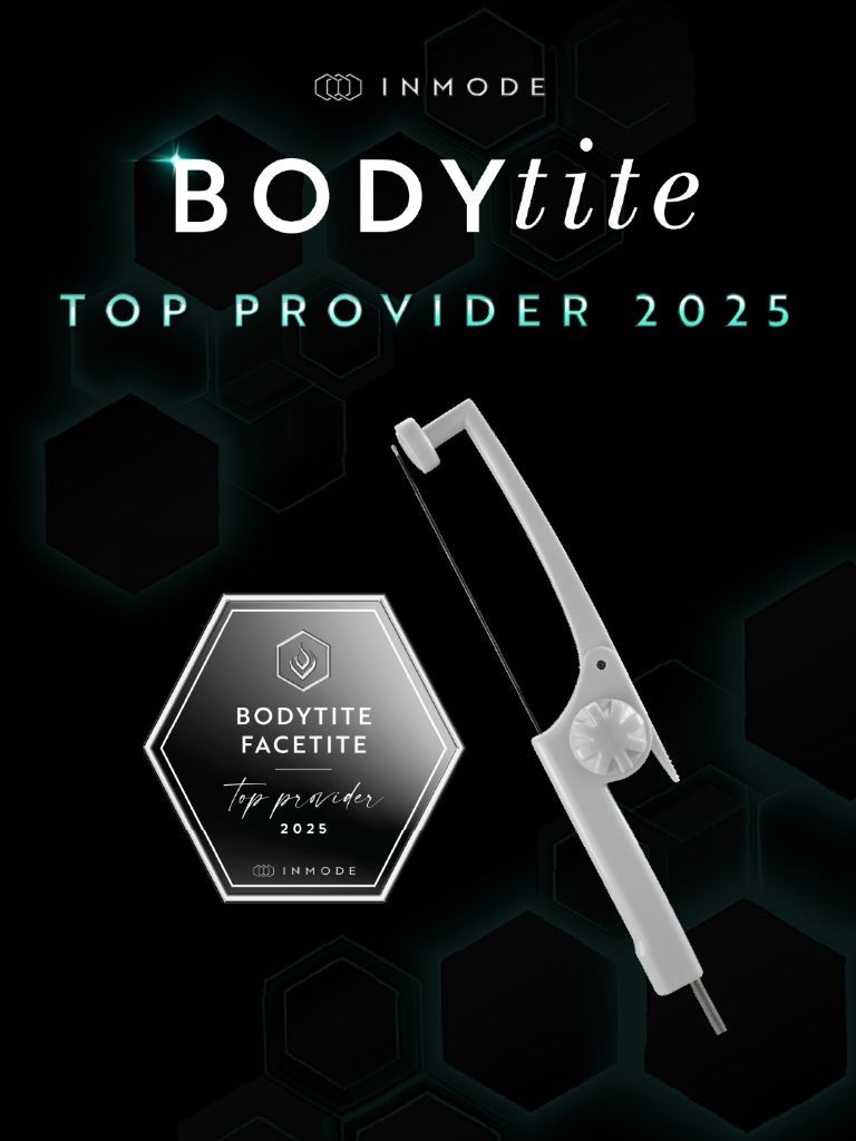 BODYtite Top Provider 2025 award graphic with hexagon badge and surgical device on a black background