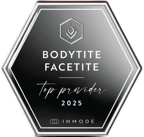 Gray hexagonal award badge reading “BodyTite FaceTite Top Provider 2025” with InMode logo