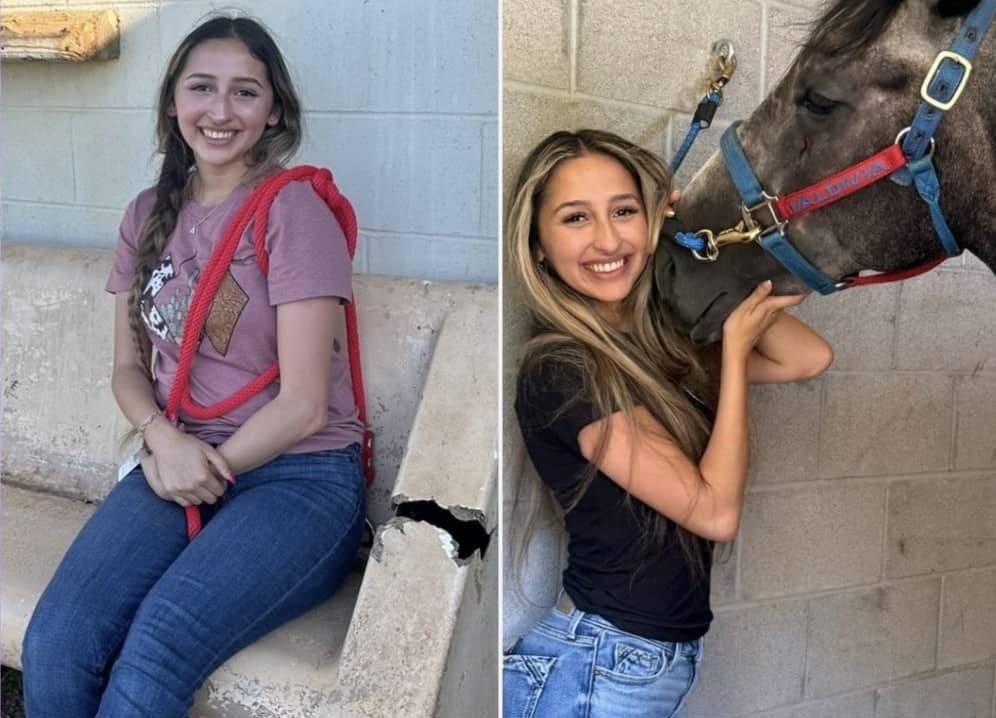 Two side-by-side photos of a smiling woman posing with a horse in a stable.
