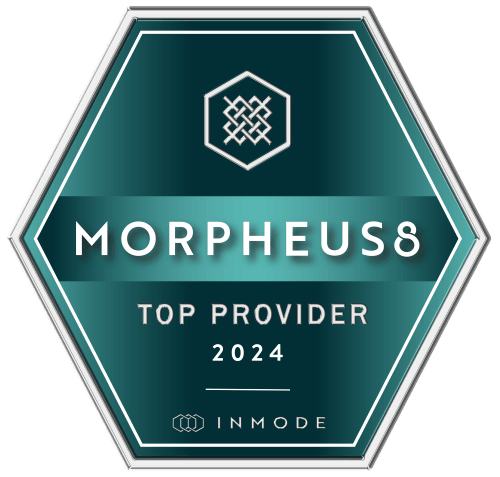 Teal hexagonal Morpheus8 Top Provider 2024 award badge with InMode logo
