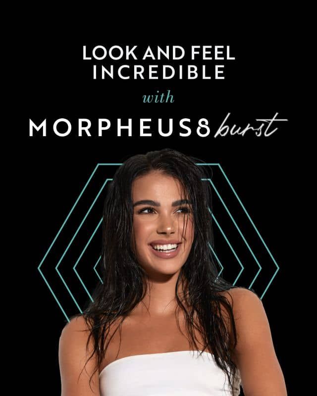 Woman smiling against black background with teal hexagon lines; text reads “Look and feel incredible with MORPHEUS8 burst”