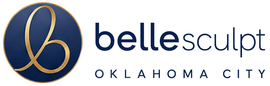 Bellesculpt logo with gold stylized “b” in a blue circle and navy-gray wordmark