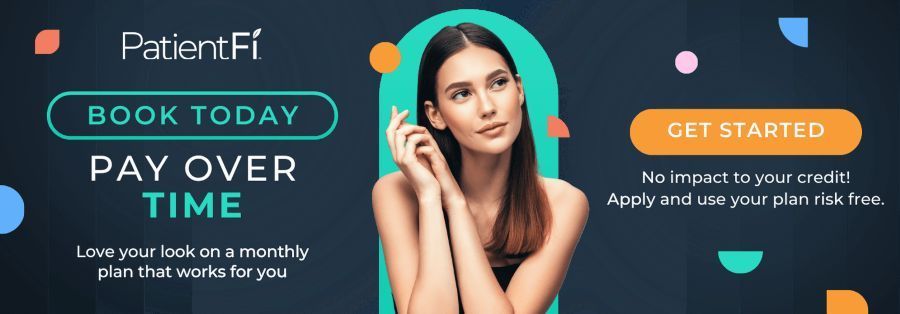 PatientFi promo banner with teal background, phone woman, and text: “Book today, pay over time”