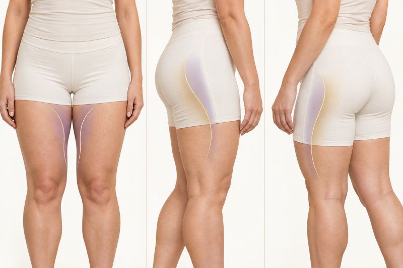 Thigh lift review from local patient in Oklahoma Three-view illustration highlighting inner and upper thigh areas that may be addressed with thigh lift surgery.