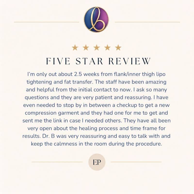 Thigh lift review from local patient in Oklahoma Five-star review card with gold stars and a glowing testimonial about a a thigh lift and staff