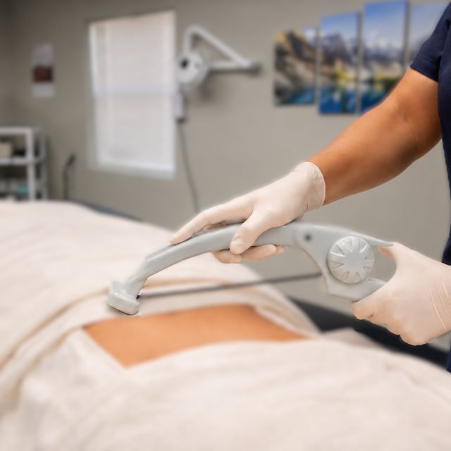 Gloved clinician using a handheld medical device on a patient’s abdomen in a medical exam room